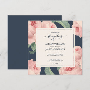 Invitation Mariage Floral Rose Pâle Vintage Bleu Foncé Chic