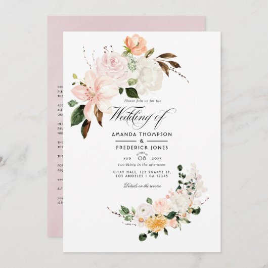 Invitation Mariage floral rose pastel Blush (Devant / Derrière)
