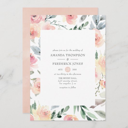 Invitation Mariage floral rose pastel Blush (Devant / Derrière)