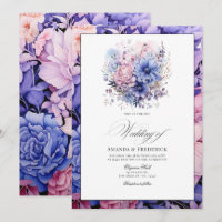 Mariage floral rose pétale, bleu barbeau et mauve