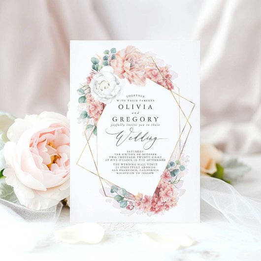 Invitation Mariage floral rose poudrée et pêche rose blush bl