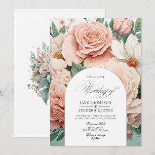 Invitation Mariage Floral Rose Poussiéreux, Vert Menthe et Bl