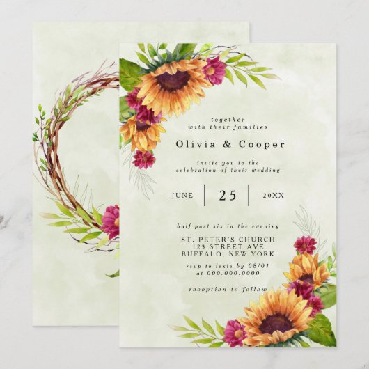 Invitation Mariage floral rose printanier des tournesols (Devant / Derrière)