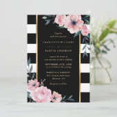 Invitation Mariage floral rose rayé noir blanc (Debout devant)