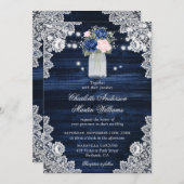 Invitation Mariage floral rose rose bleu bleu de la marine ru (Devant / Derrière)