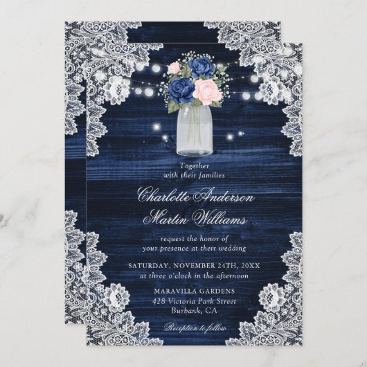 Invitation Mariage floral rose rose bleu bleu de la marine ru (Devant / Derrière)