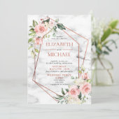 Invitation Mariage floral rose rose de marbre géométrique en  (Debout devant)