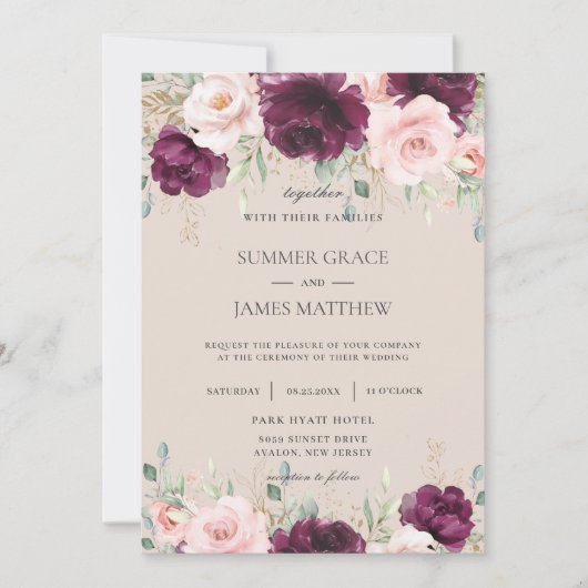 Invitation Mariage floral rose rose pâle chic (Devant)