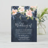 Invitation Mariage floral rose rose pâle de la Marine profond (Debout devant)