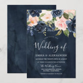 Invitation Mariage floral rose rose pâle de la Marine profond (Devant / Derrière)