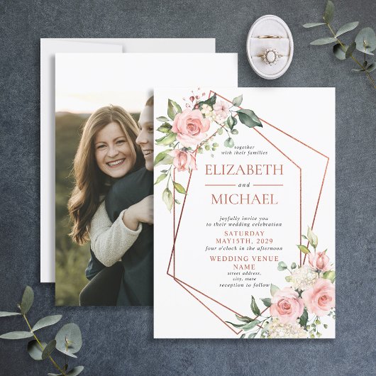 Invitation Mariage floral rose rose pâle géométrique