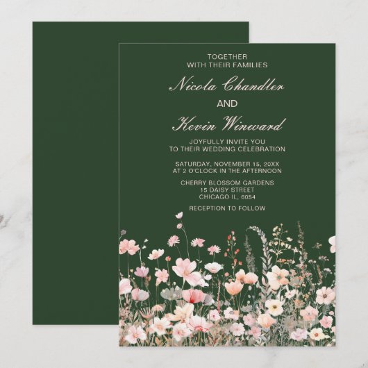 Invitation Mariage floral rose rose rose fleur sauvage (Devant / Derrière)