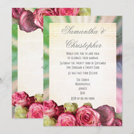 Invitation Mariage floral rose roses (Devant / Derrière)