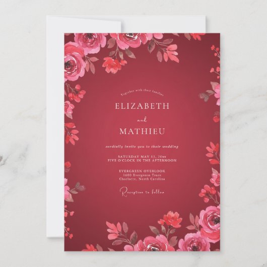 Invitation Mariage Floral Rose Rouge (Devant)