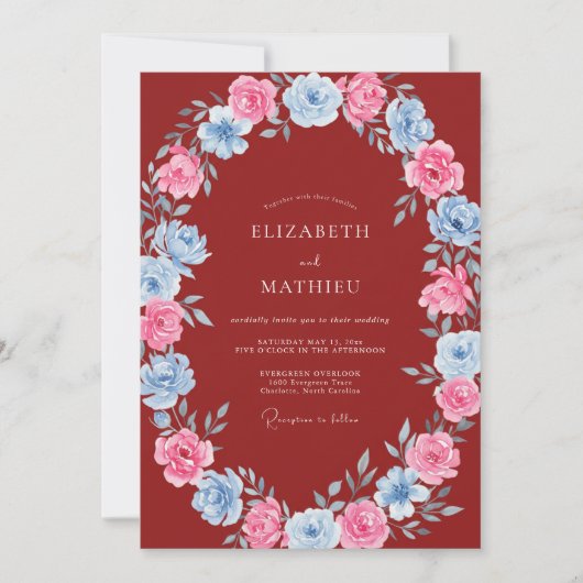 Invitation Mariage Floral Rose Rouge Bleu (Devant)