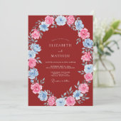 Invitation Mariage Floral Rose Rouge Bleu (Debout devant)