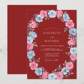 Invitation Mariage Floral Rose Rouge Bleu (Devant / Derrière)