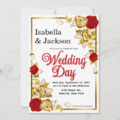 Invitation Mariage Floral Rose Rouge Et Or (Devant)