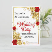 Invitation Mariage Floral Rose Rouge Et Or (Debout devant)