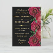 Invitation Mariage Floral Rose rouge et or (Debout devant)