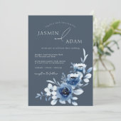 Invitation Mariage Floral Rose Royal Bleu simple (Debout devant)