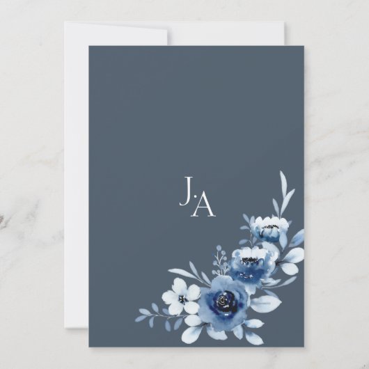 Invitation Mariage Floral Rose Royal Bleu simple (Dos)