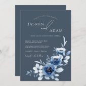 Invitation Mariage Floral Rose Royal Bleu simple (Devant / Derrière)