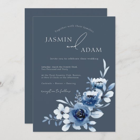 Invitation Mariage Floral Rose Royal Bleu simple (Devant / Derrière)