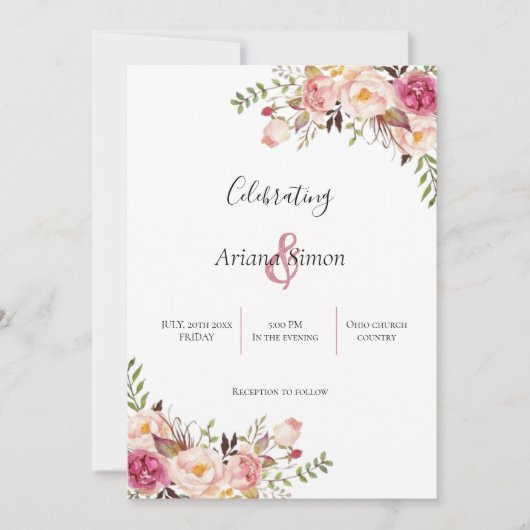 Invitation Mariage floral rose simple (Devant)