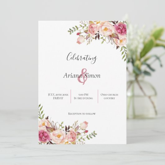 Invitation Mariage floral rose simple (Debout devant)