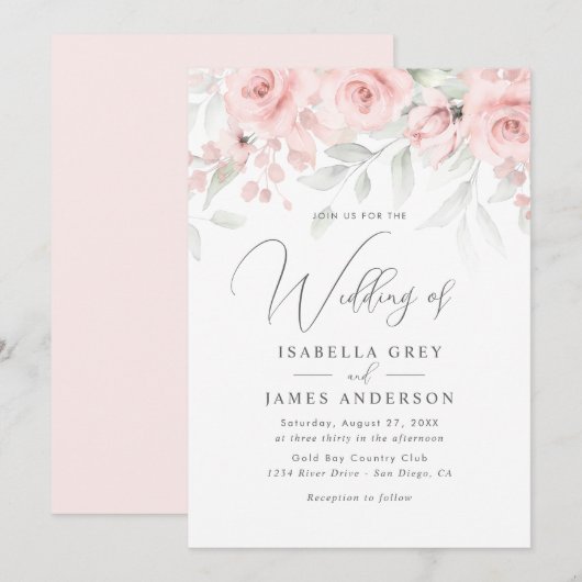 Invitation Mariage Floral Rose Tendre (Devant / Derrière)