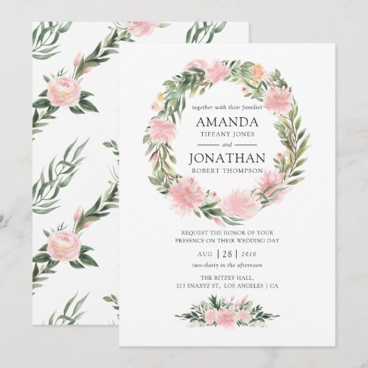 Invitation Mariage floral rose tropical (Devant / Derrière)