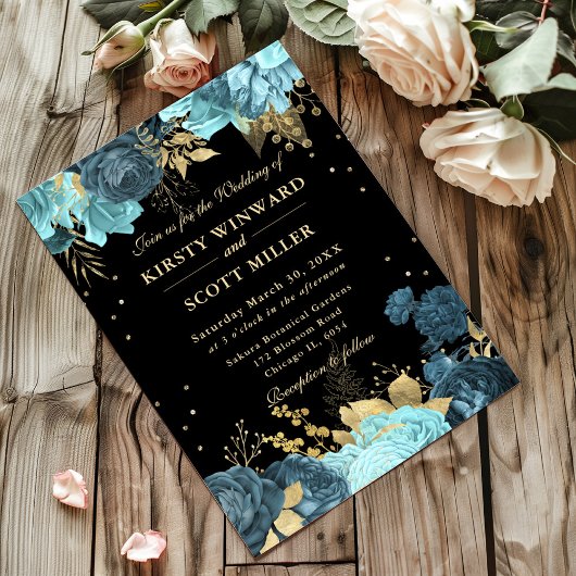 Invitation Mariage floral Rose Turquoise et Or