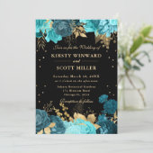 Invitation Mariage floral Rose Turquoise et Or (Debout devant)