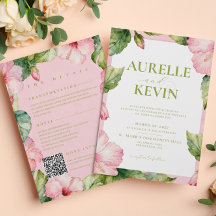 Mariage Floral Rose Vert Été Aquarelle QRcode