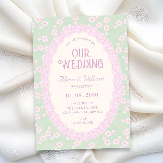 Invitation Mariage floral rose vert pastel