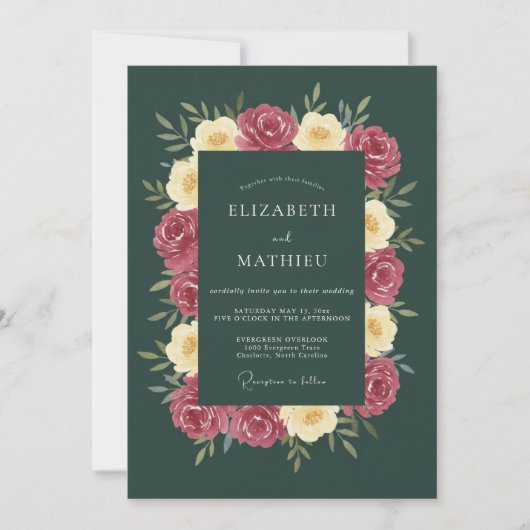 Invitation Mariage Floral Rose Vert Profond (Devant)