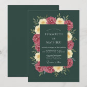 Invitation Mariage Floral Rose Vert Profond (Devant / Derrière)
