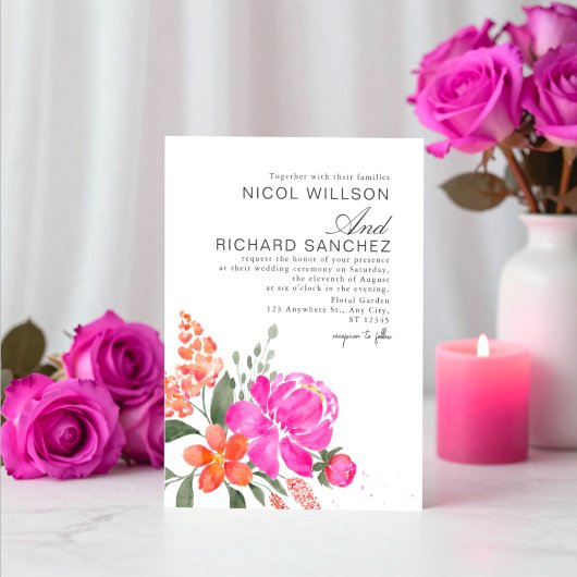 Invitation Mariage floral rose vif et orange 