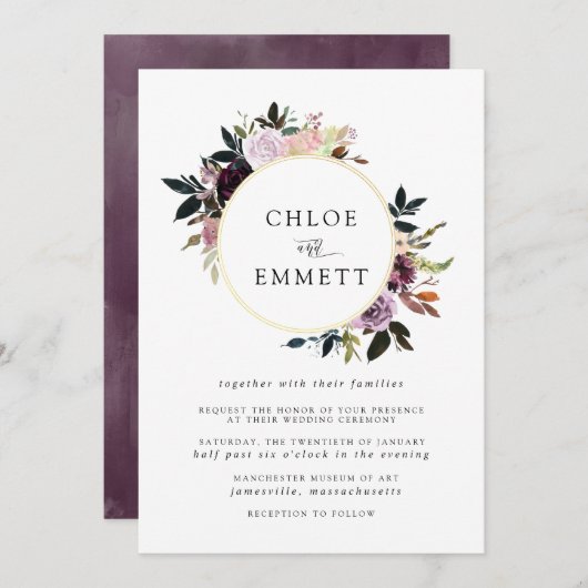 Invitation Mariage floral rose violet et mauve (Devant / Derrière)
