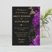 Invitation Mariage floral Rose violet et or (Debout devant)