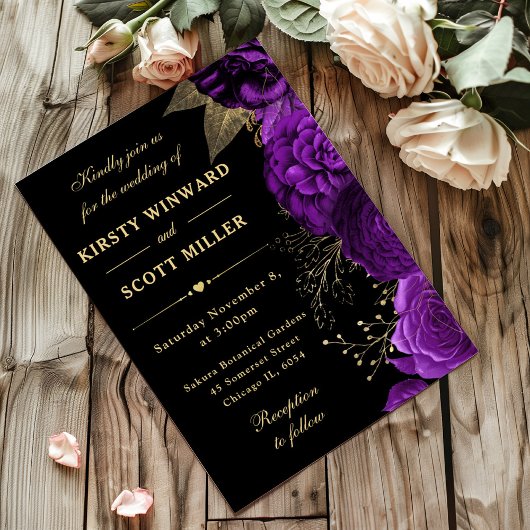 Invitation Mariage floral Rose violet et or