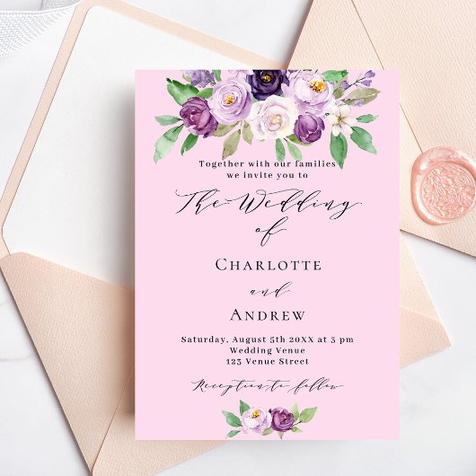 Invitation Mariage floral rose violet verdure script