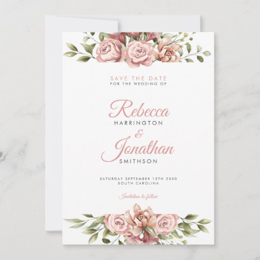 Invitation Mariage Floral Rose Vive Enregistrer La Date (Devant)
