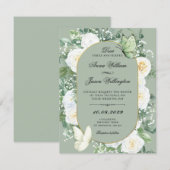 Invitation Mariage floral roses blanches vertes (Devant / Derrière)