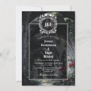 Invitation Mariage floral roses en ruines gothiques Monogramm