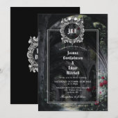 Invitation Mariage floral roses en ruines gothiques Monogramm (Devant / Derrière)