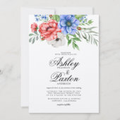 Invitation Mariage floral rouge, blanc et bleu (Devant)