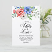 Invitation Mariage floral rouge, blanc et bleu (Debout devant)