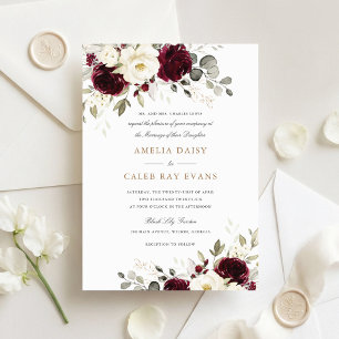 Invitation Mariage Floral Rouge Bourgogne Blanc Verdure
